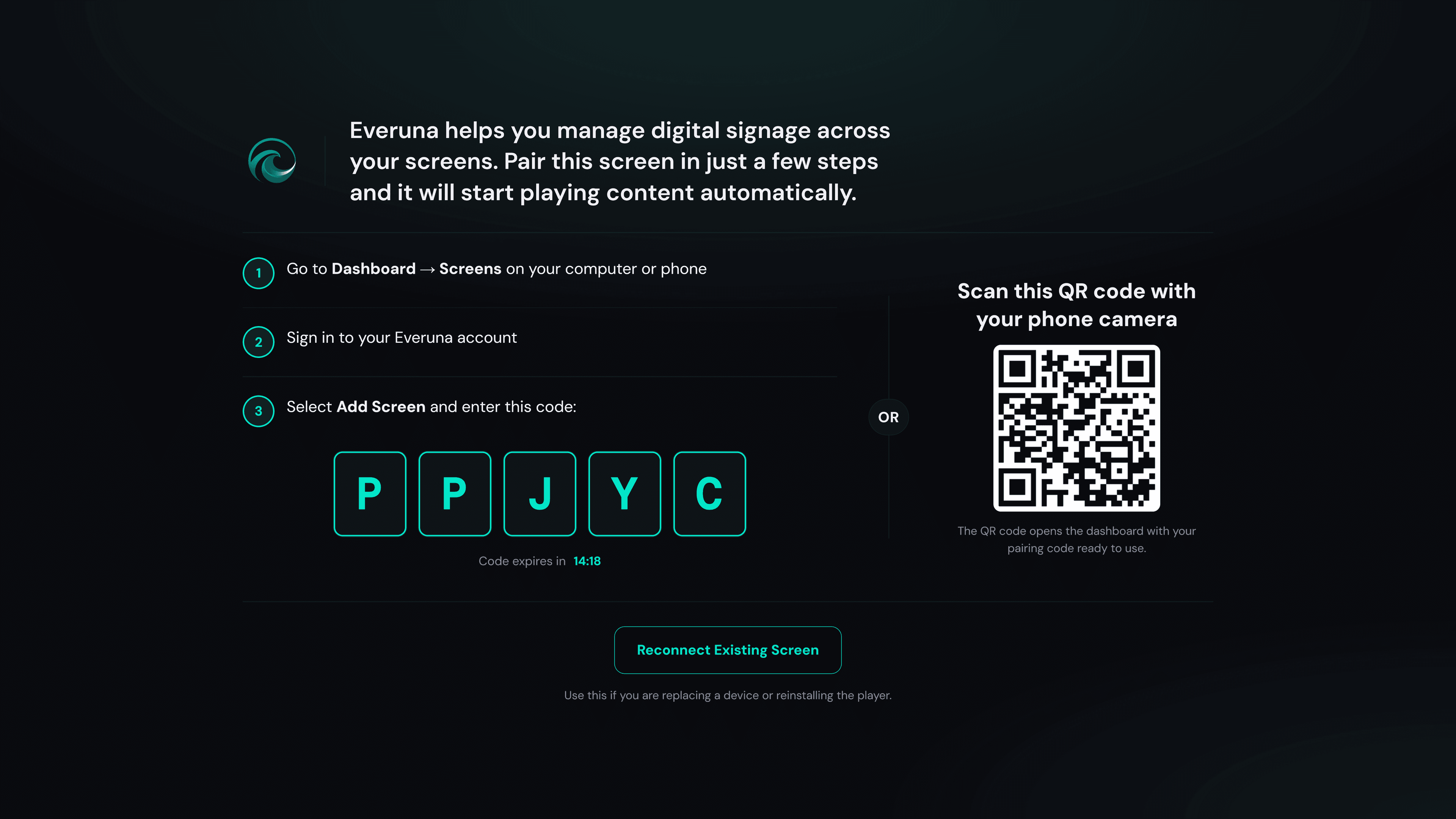 Everuna device pairing screen with 6-character code