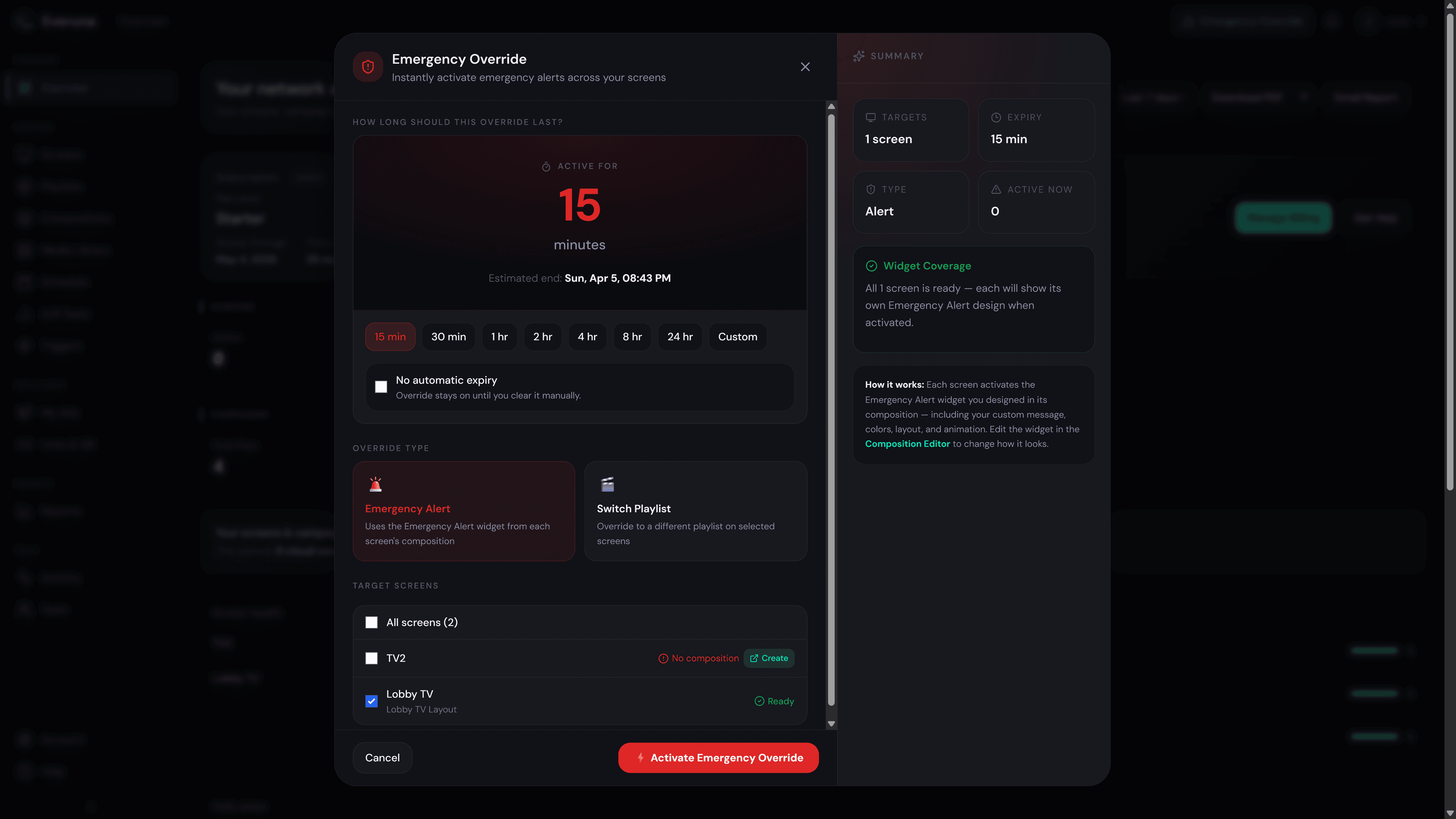 Everuna emergency override dialog for urgent screen messaging