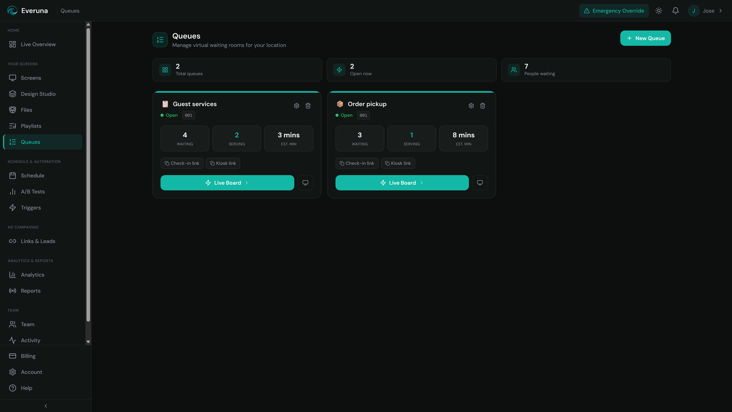 Everuna queue management dashboard with guest services and order pickup waiting rooms