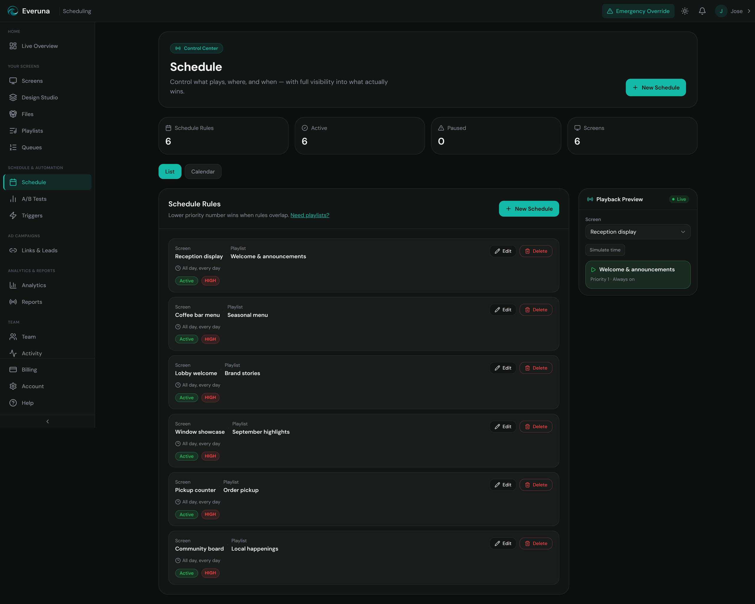 Everuna scheduling control center with active playlist rules