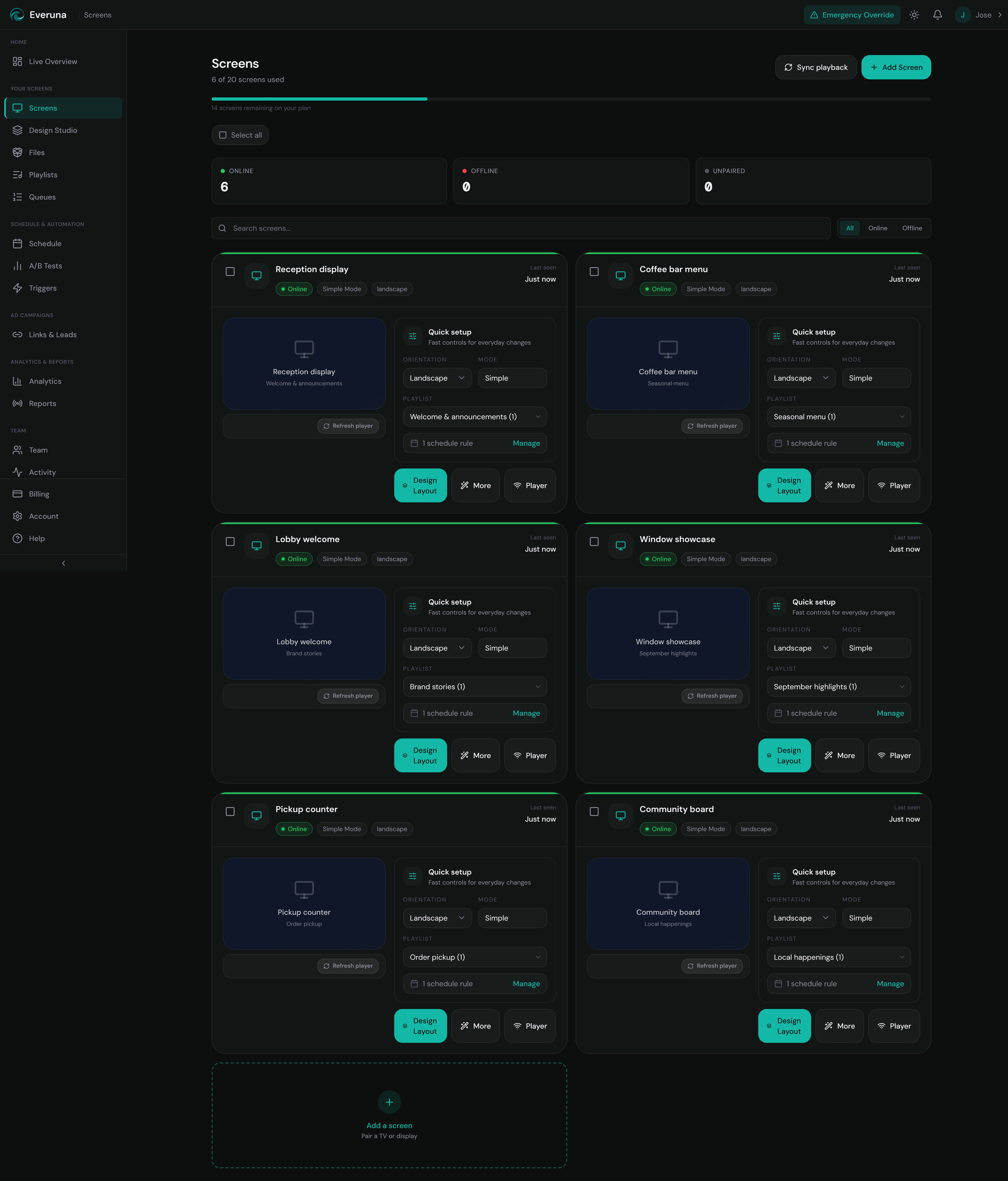 Everuna fleet management dashboard showing six online digital signs