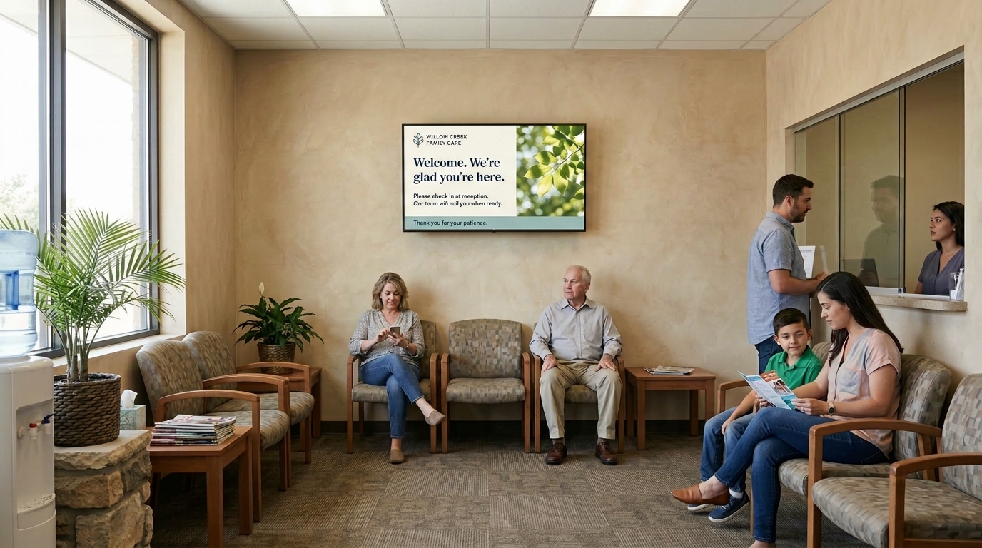 Everuna-powered welcome screen in a family healthcare waiting room