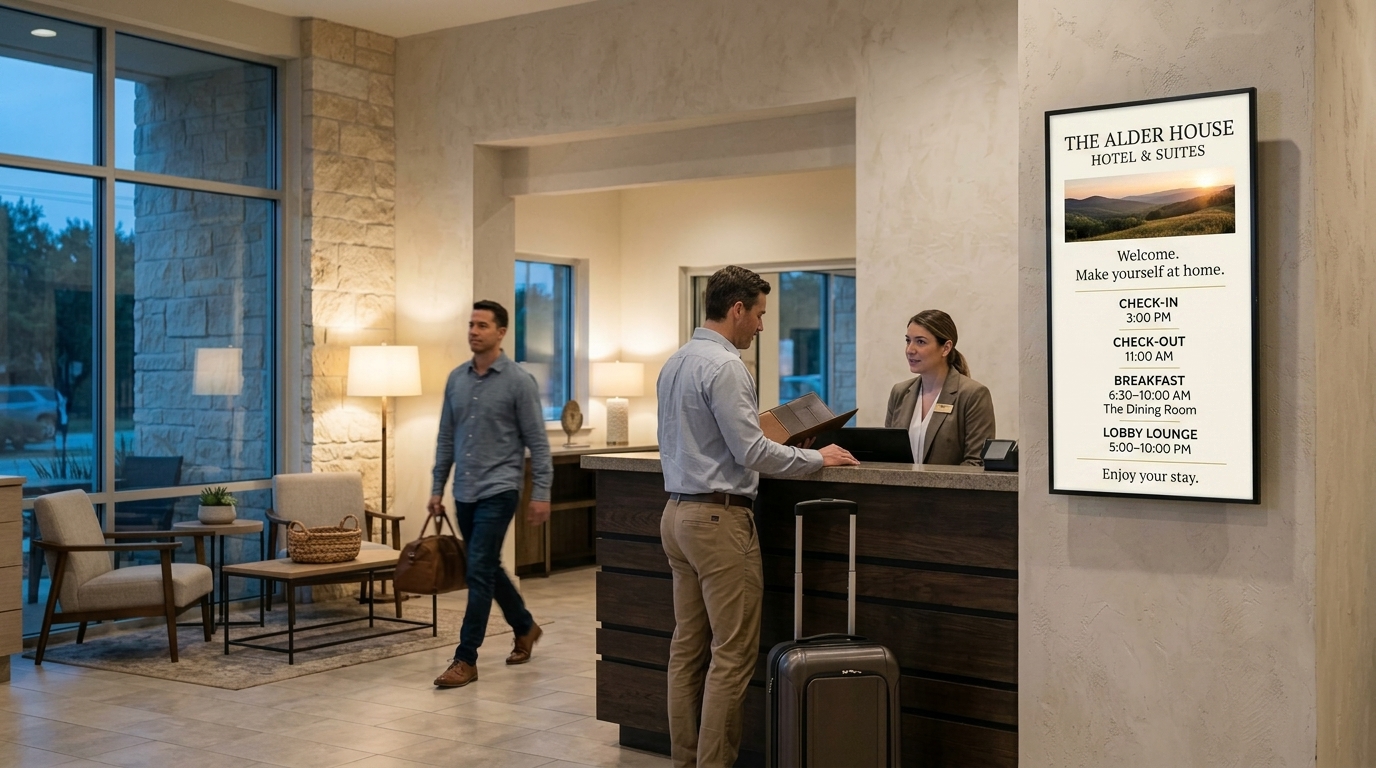 Everuna-powered vertical guest information display beside a hotel reception desk