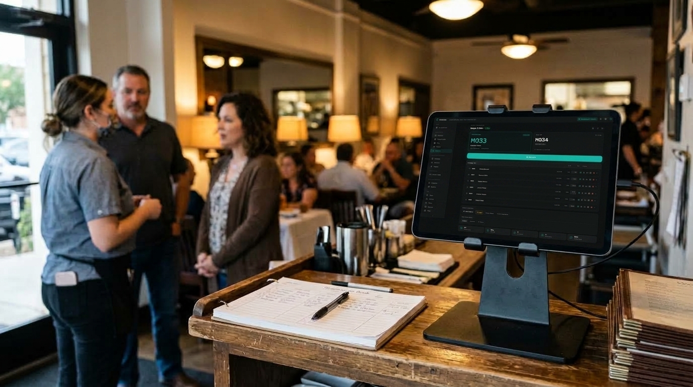 Everuna queue management dashboard on a restaurant host stand tablet