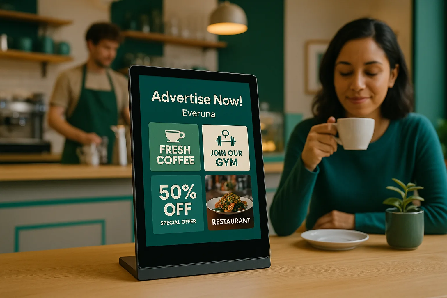 Digital advertising screen placed inside a local coffee shop