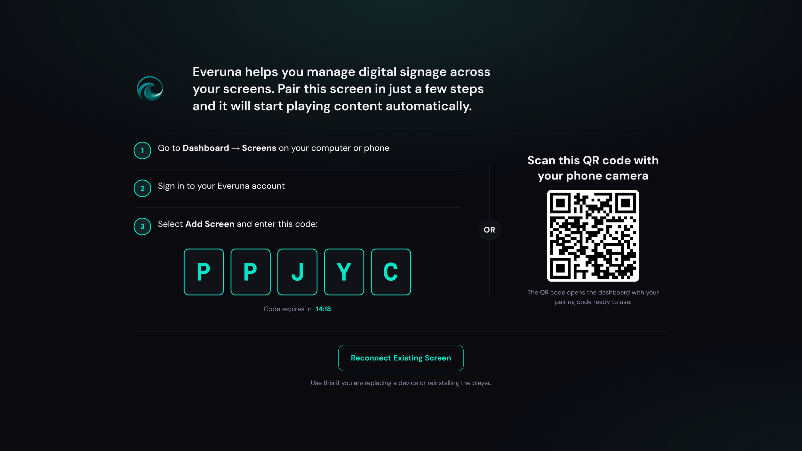 Everuna device pairing screen showing a 5-character code